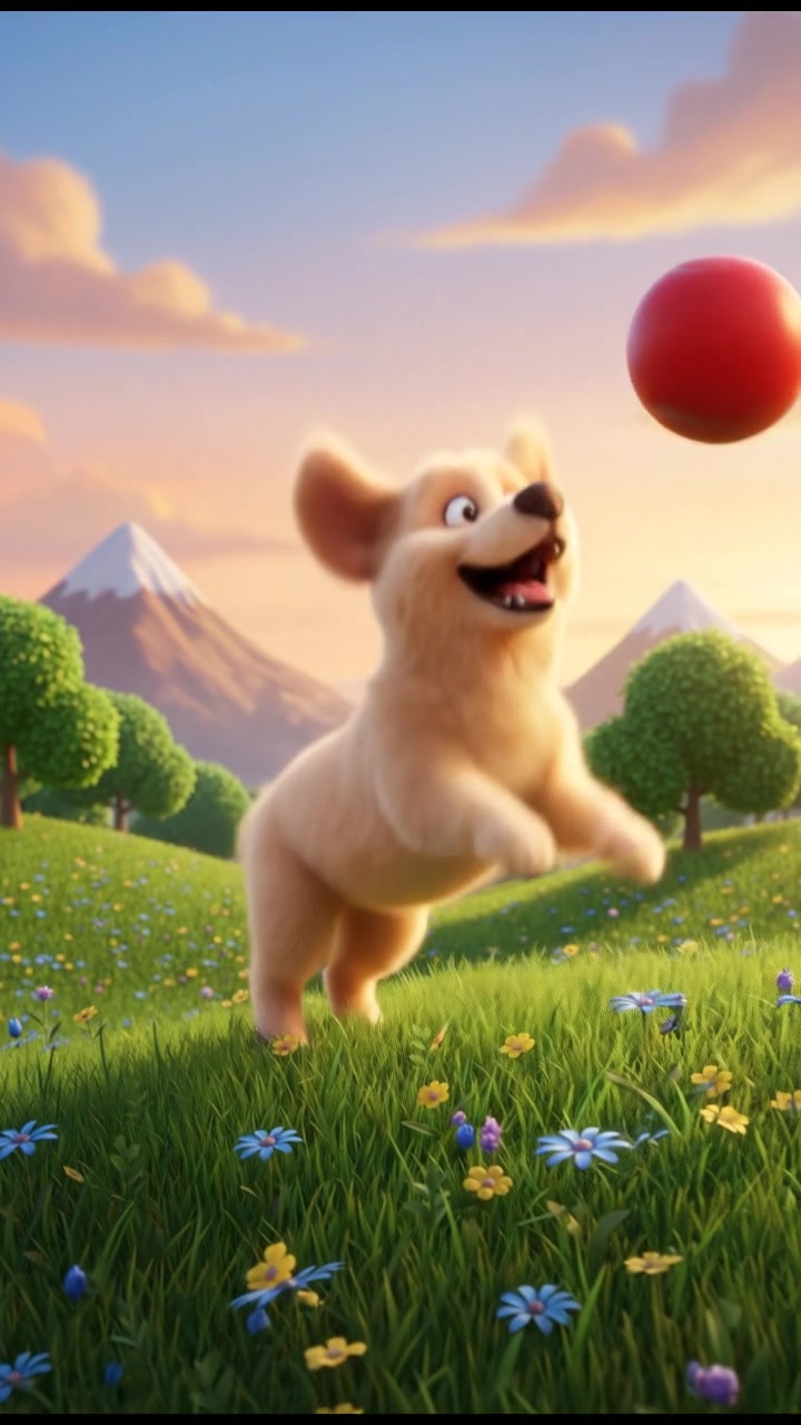 Buddy, a fluffy golden dog, leaps into mid-air to fetch a bright red ball in a grassy field.