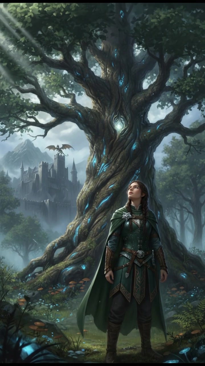 Iris stands in a lush forest, looking up at a tall tree with a curious expression.