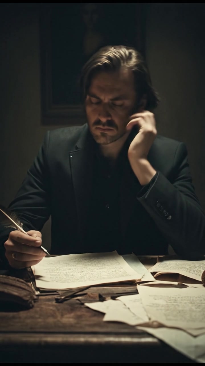 The Narrator sitting at a wooden desk with papers scattered around, a pen in hand, deep in thought.