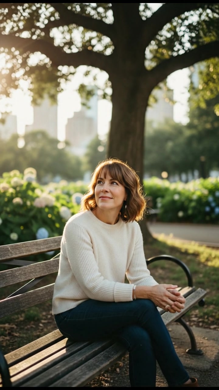 Susan sitting on a park bench, looking contemplative and hopeful.