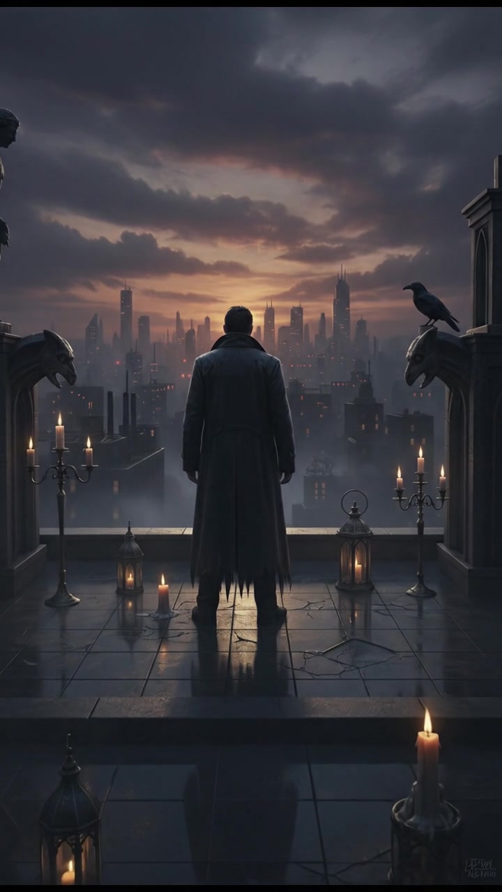 Gary stands alone on a rooftop, looking out over the city skyline at sunset.