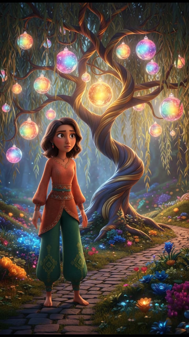 Laila with a cautious expression, looking at the tree that holds forbidden fruit.