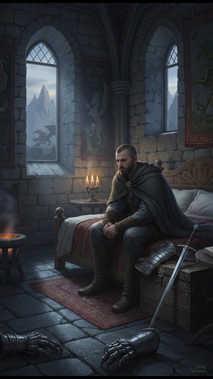 A dimly lit bedroom with Vimal sitting on the edge of his bed, looking contemplative.