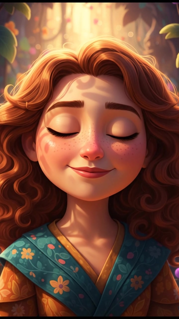 A close-up of Sarah's serene expression, with sunlight casting soft shadows on her face.