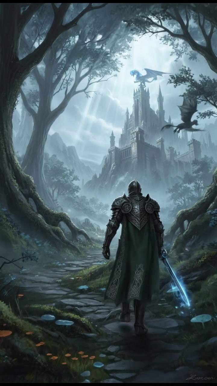 You walking through a shadowy forest path, surrounded by tall trees.