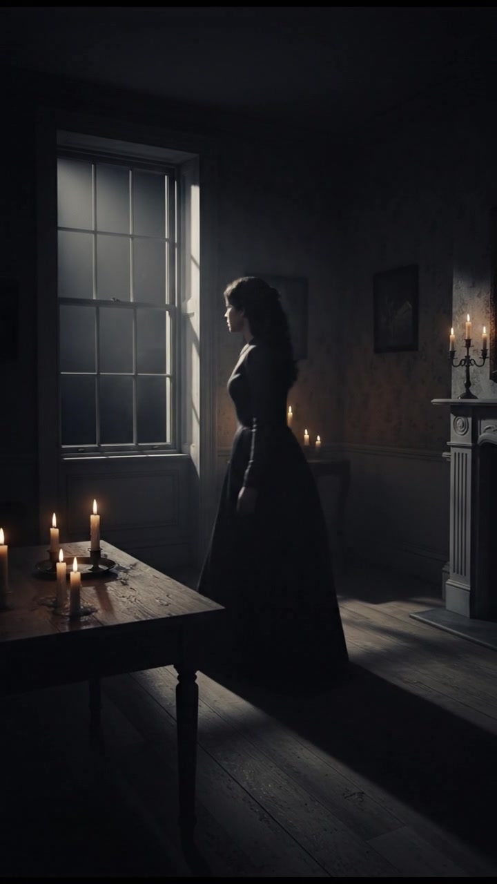 Sari, standing in her dimly lit living room, looks towards the window with a worried expression.