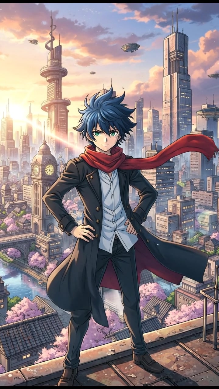 A rooftop scene overlooking the city, with Eli Melman standing confidently, surveying the area.