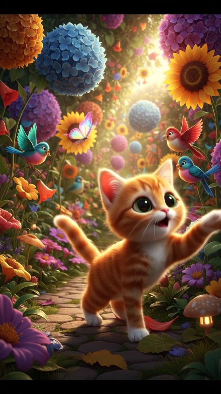 A playful cat playing in a colorful garden filled with flowers, butterflies, and small birds.
