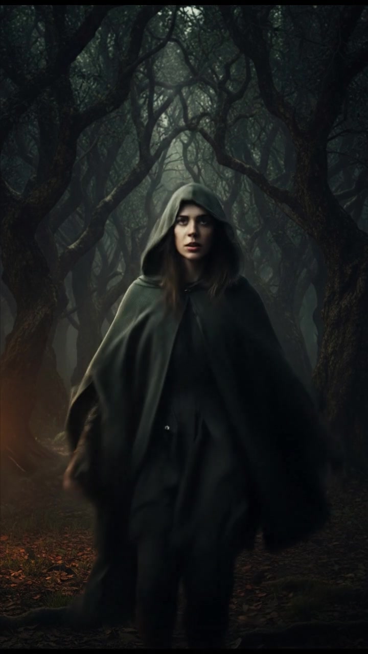 Lina stands at the edge of a dark forest, taking a deep breath, with determination in her eyes.