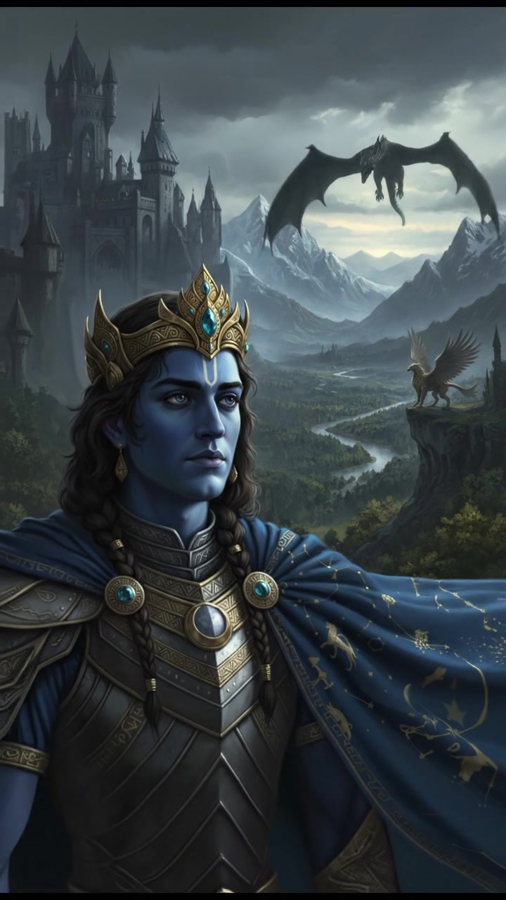 A close-up of Krishna's face, showing his thoughtful gaze as he watches the distant horizon.