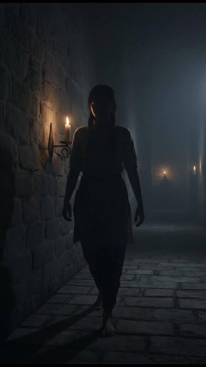 Ratna stepping cautiously towards a darkened hallway, a look of determination on her face.