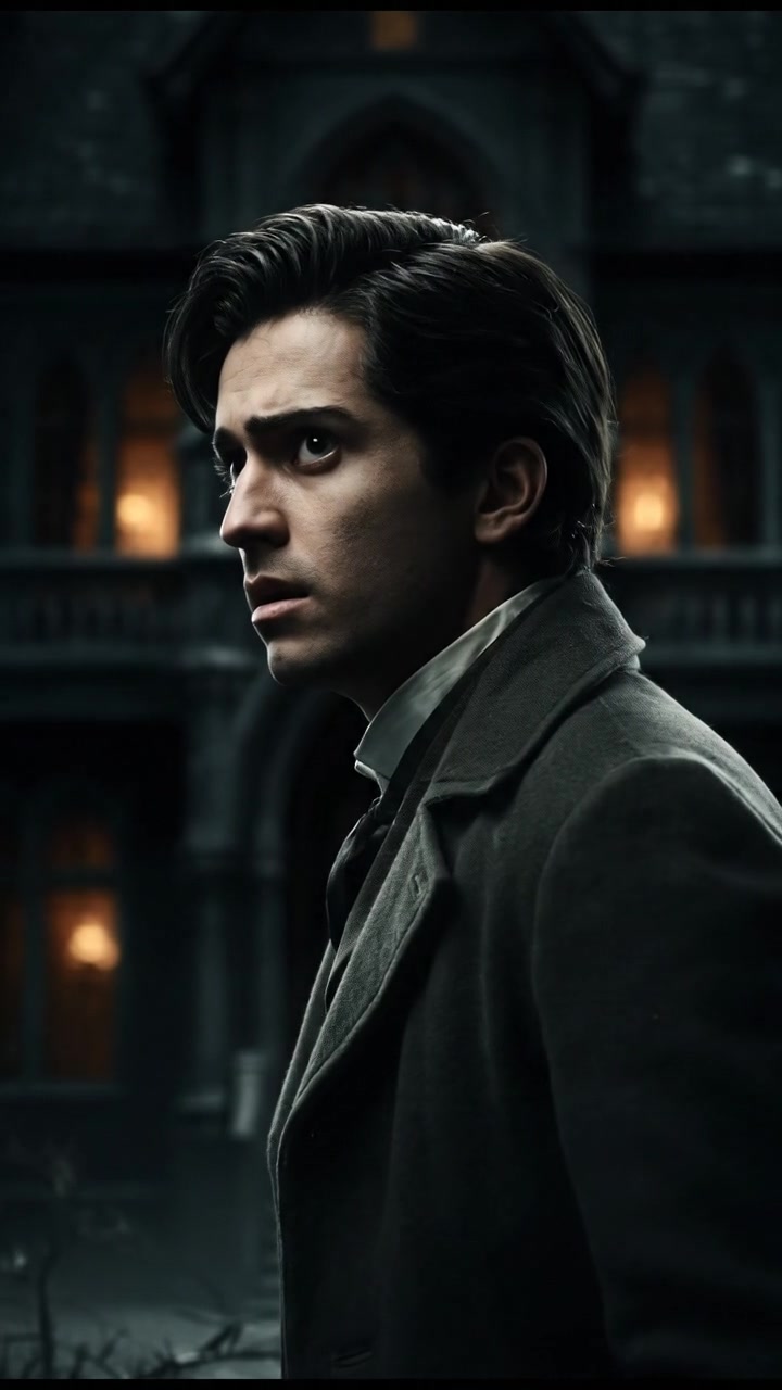 Rahul appears anxious, standing slightly back, wary of the dark mansion.