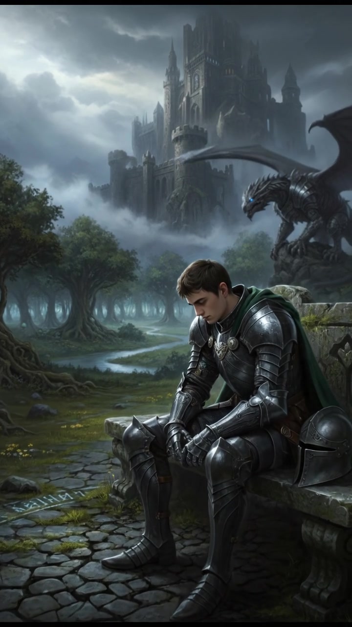 Pemuda sits on a bench in a park, looking contemplatively at the ground.