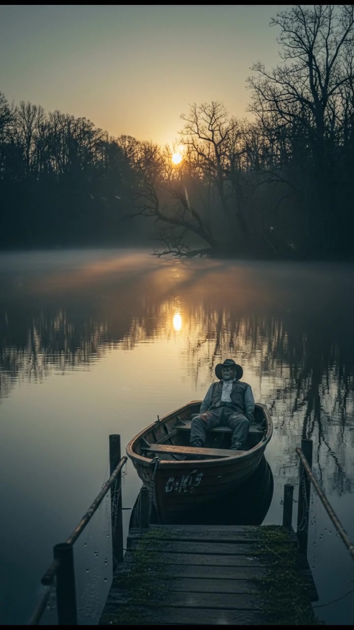 A peaceful morning scene with a sunrise over a calm lake, reflecting the light.