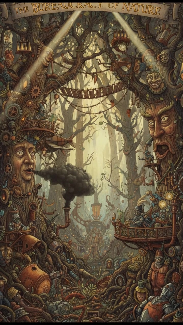 A lush green forest with sunlight filtering through the leaves, large trees towering above.