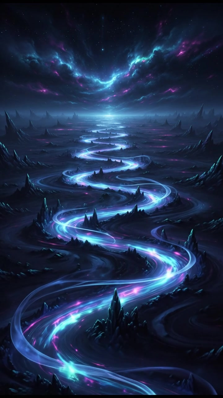 A vast, open landscape with a winding path leading towards the horizon.