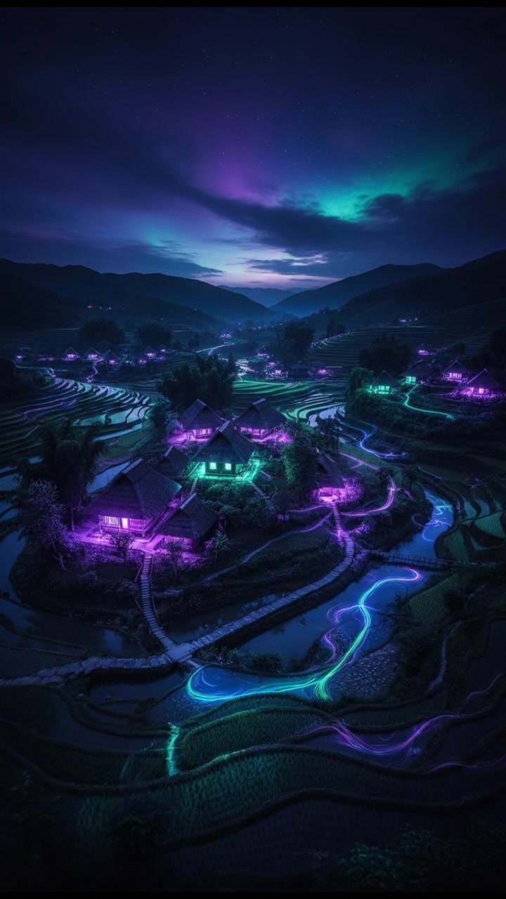 A serene village landscape with traditional houses surrounded by green fields.