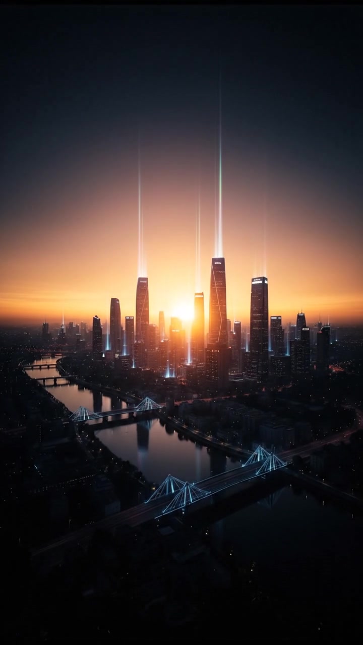 A sunrise over a modern city skyline, symbolizing a new beginning.
