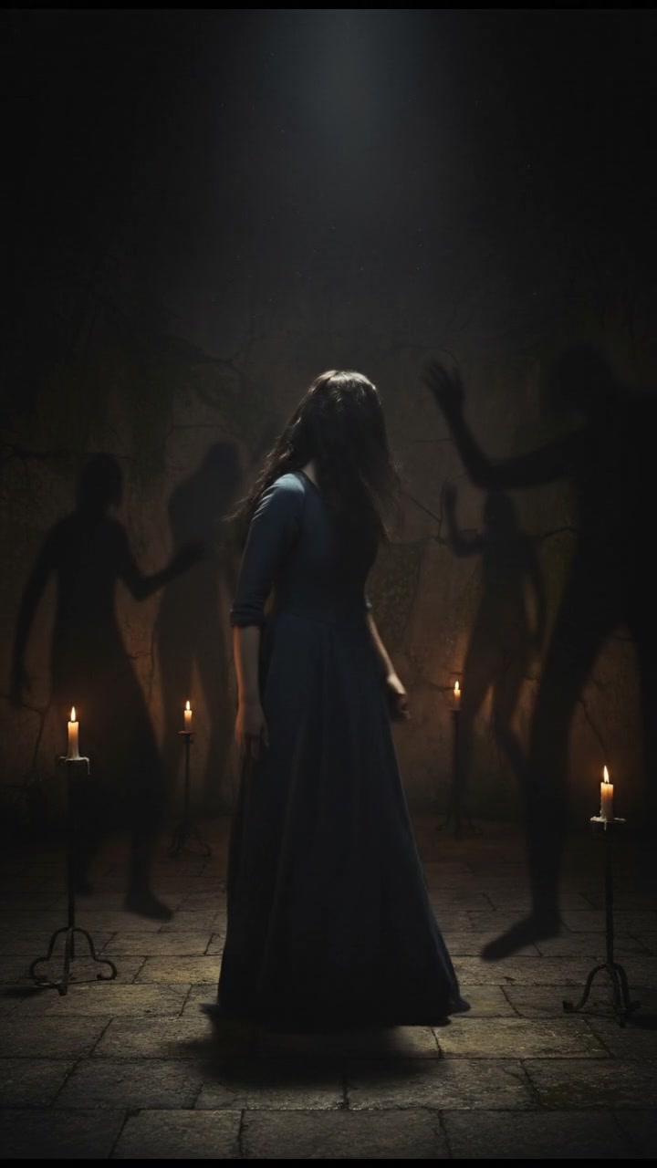 A young woman, You, stands in a dimly lit room, looking disturbed as shadows loom around her.