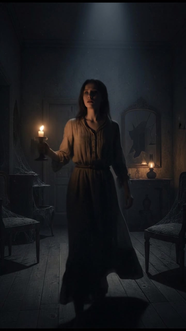 Anya, standing in her dimly lit apartment, looking around with a worried expression.