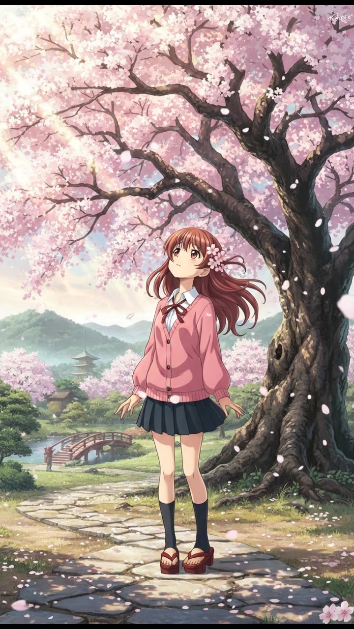 Hana standing beneath the cherry blossom tree, looking up as petals fall around her, lost in thought.
