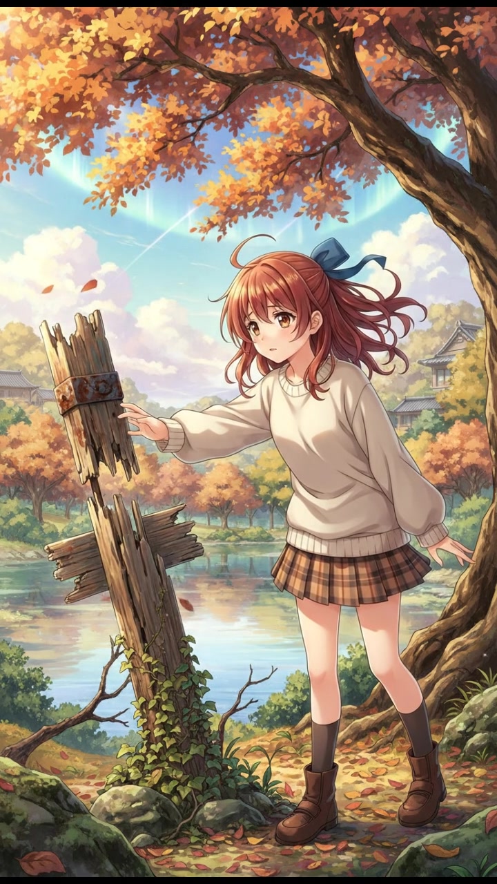 Akari reaching out to touch a broken signpost in a park.
