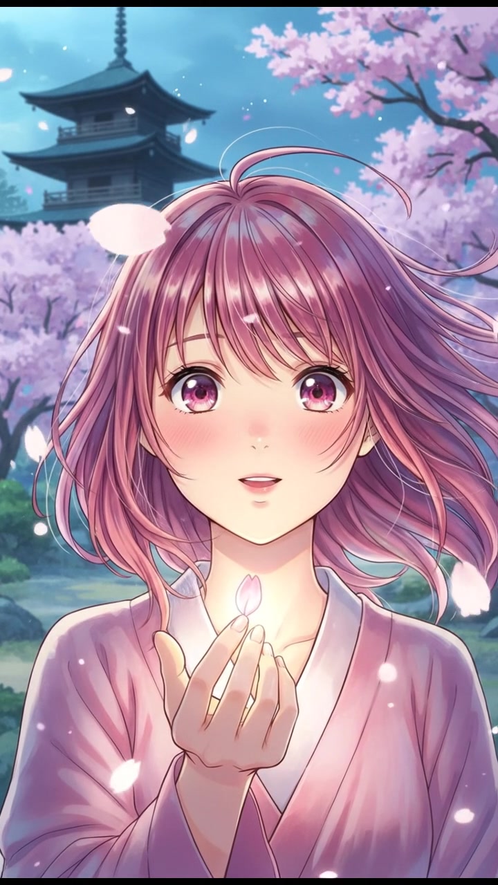 Close-up of Akari's face illuminated by a glowing cherry blossom petal in her hand.