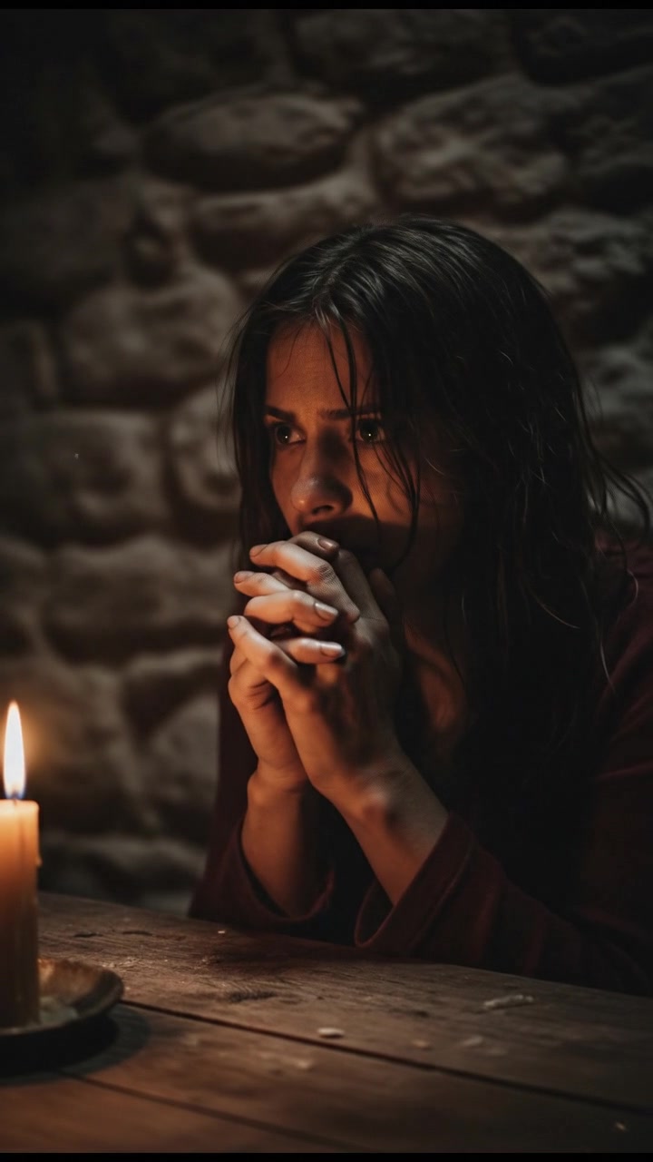 A close-up of Sari's trembling hands as she whispers, looking anxious.