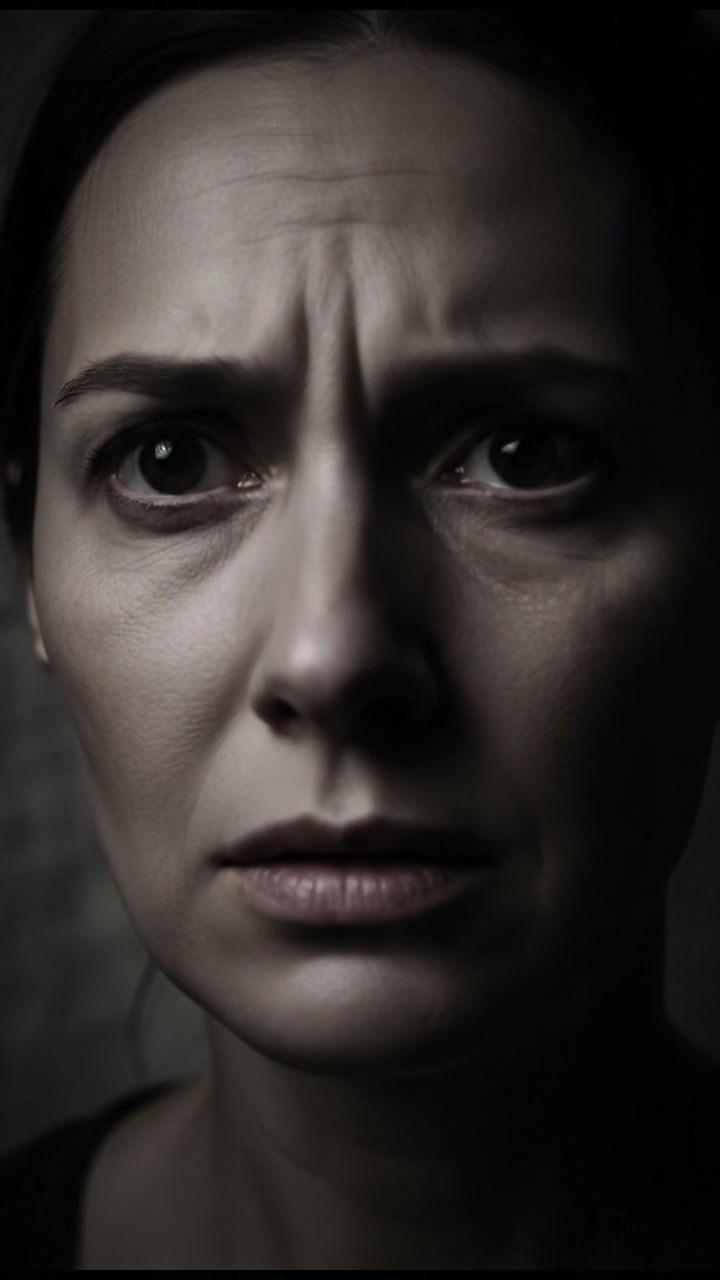 A close-up of Rhea's worried expression, her brow furrowed, with shadows cast across her face.