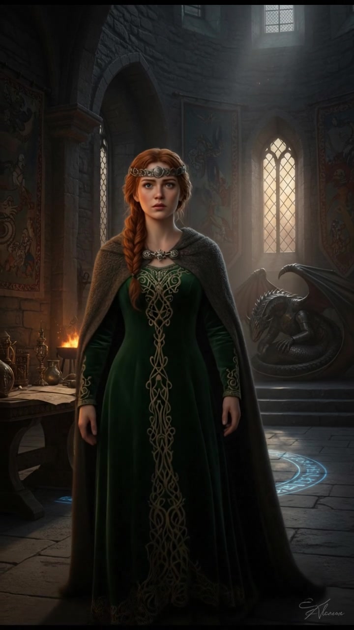 Rachel looking uncertain, standing in a dimly lit room.