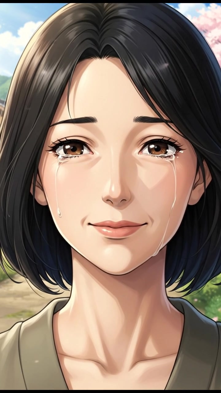 Close-up on Ibu's face, showing a gentle smile, but with a hint of sadness in her eyes.