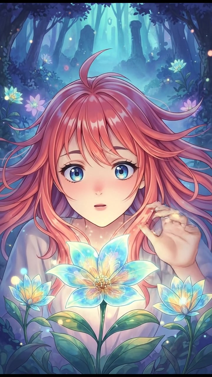 Close-up of Akari’s amazed face as she interacts with glowing flowers.