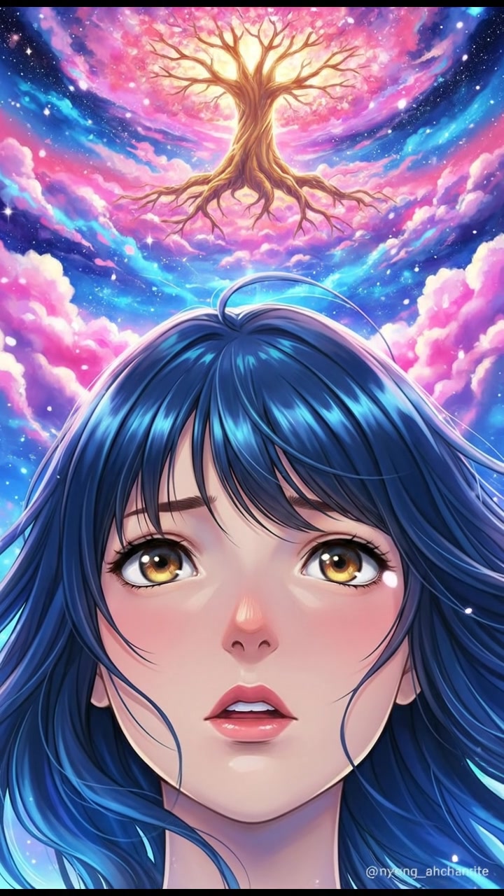 Close-up of Wanita's face, her expression weary as she contemplates the beauty above.