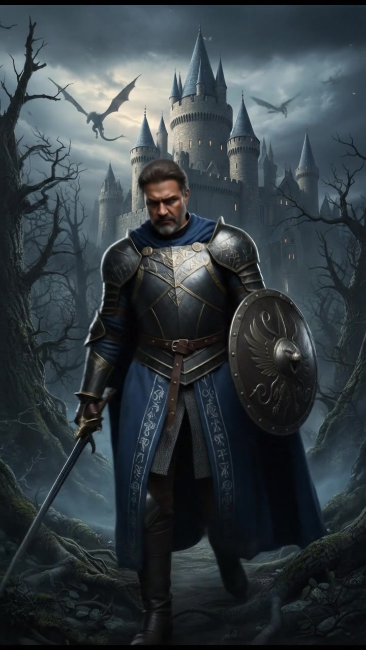 मानव standing bravely at the edge of a dark forest, preparing to face his fears.