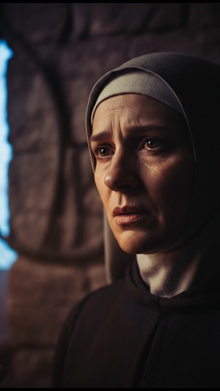 A close-up of Sister Agnes's worried face, with soft candlelight illuminating her features.