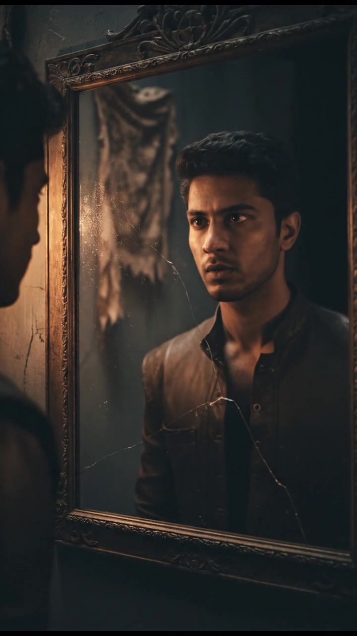 Veer staring into a mirror, with a determined expression, ready to face his fears.