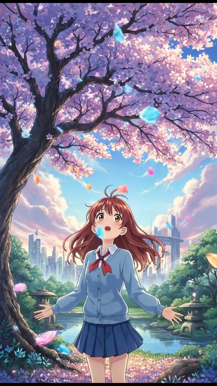 Akari standing under a cherry blossom tree, looking up in surprise at unusual cherry blossoms blooming.