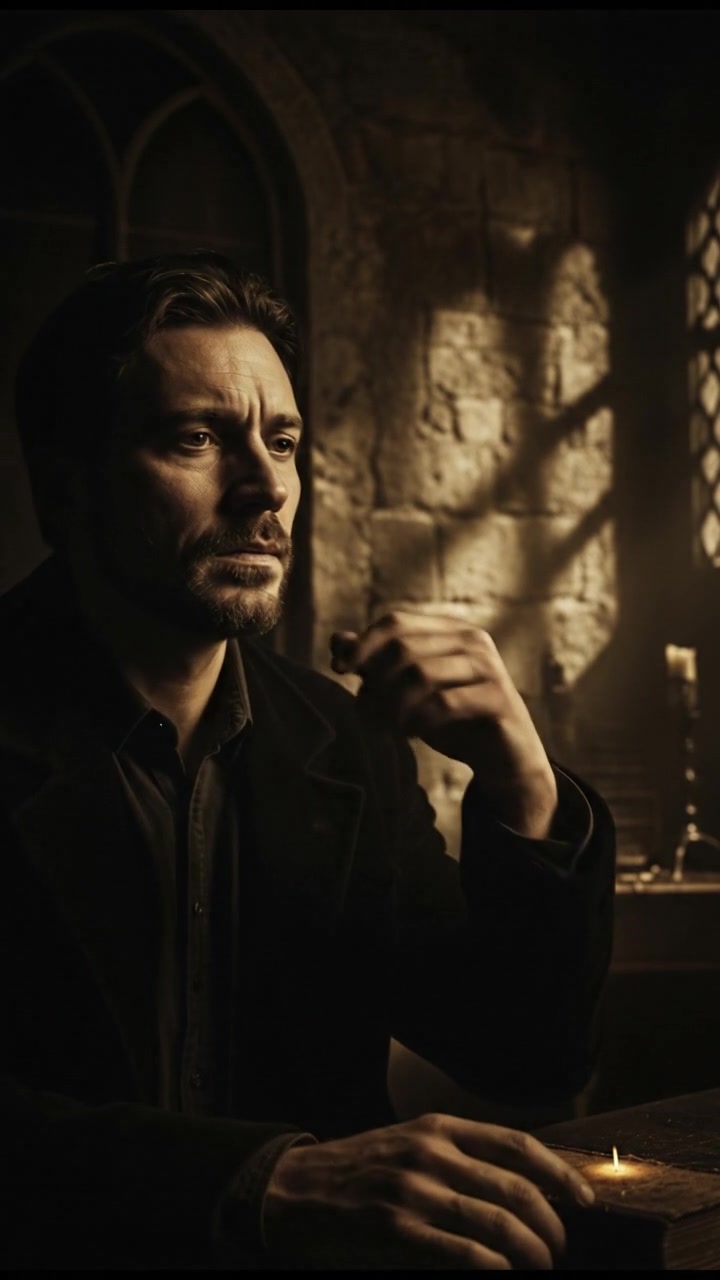 Close-up of the Narrator's face as he appears thoughtful, sitting in a dimly lit room.