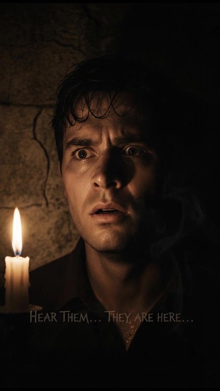 A close-up of Andi's startled expression as he hears whispers from the shadows.