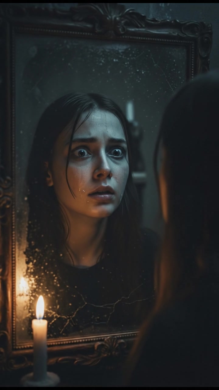 A close-up of Rina's face, looking frightened, her eyes wide as she gazes into the mirror.