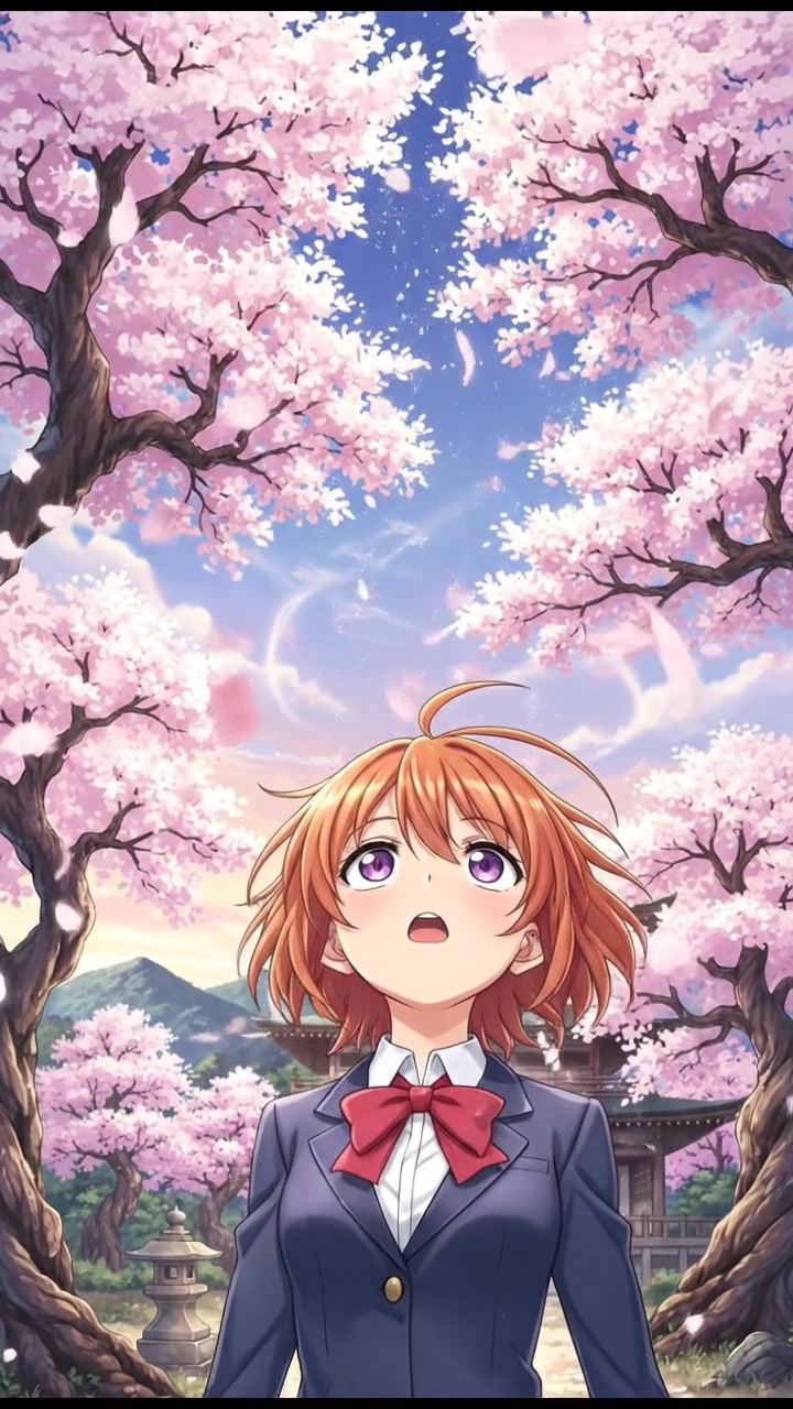 Akari looking up at unexpected cherry blossoms cascading from trees, with a surprised expression.