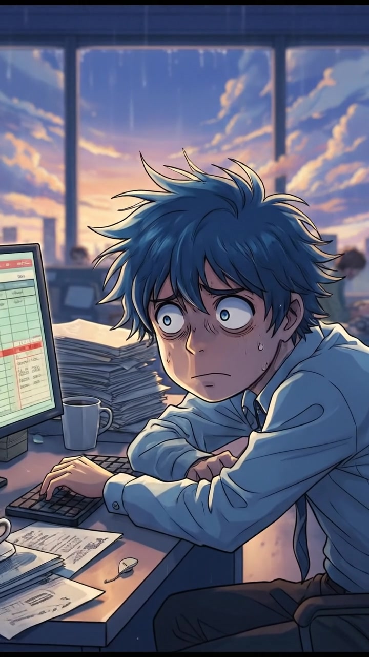 Pekerja Kantoran sitting at a desk in an office, with a troubled expression, surrounded by papers and a computer.