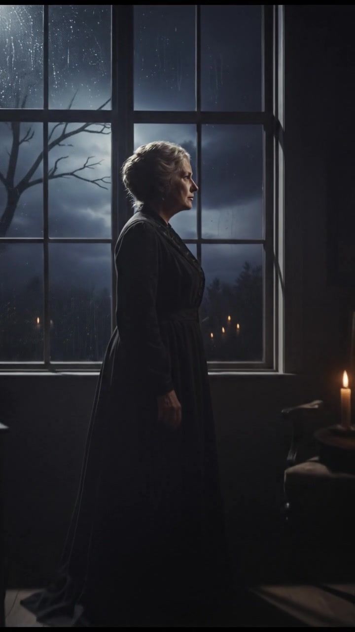 Mrs. Henderson gazing thoughtfully from her window, deep in contemplation.