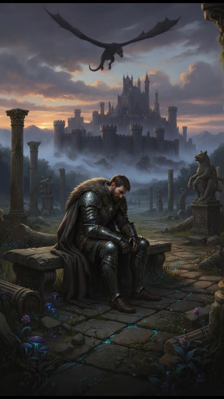 Andy sitting on a park bench, looking pensively at the ground, surrounded by an empty park.