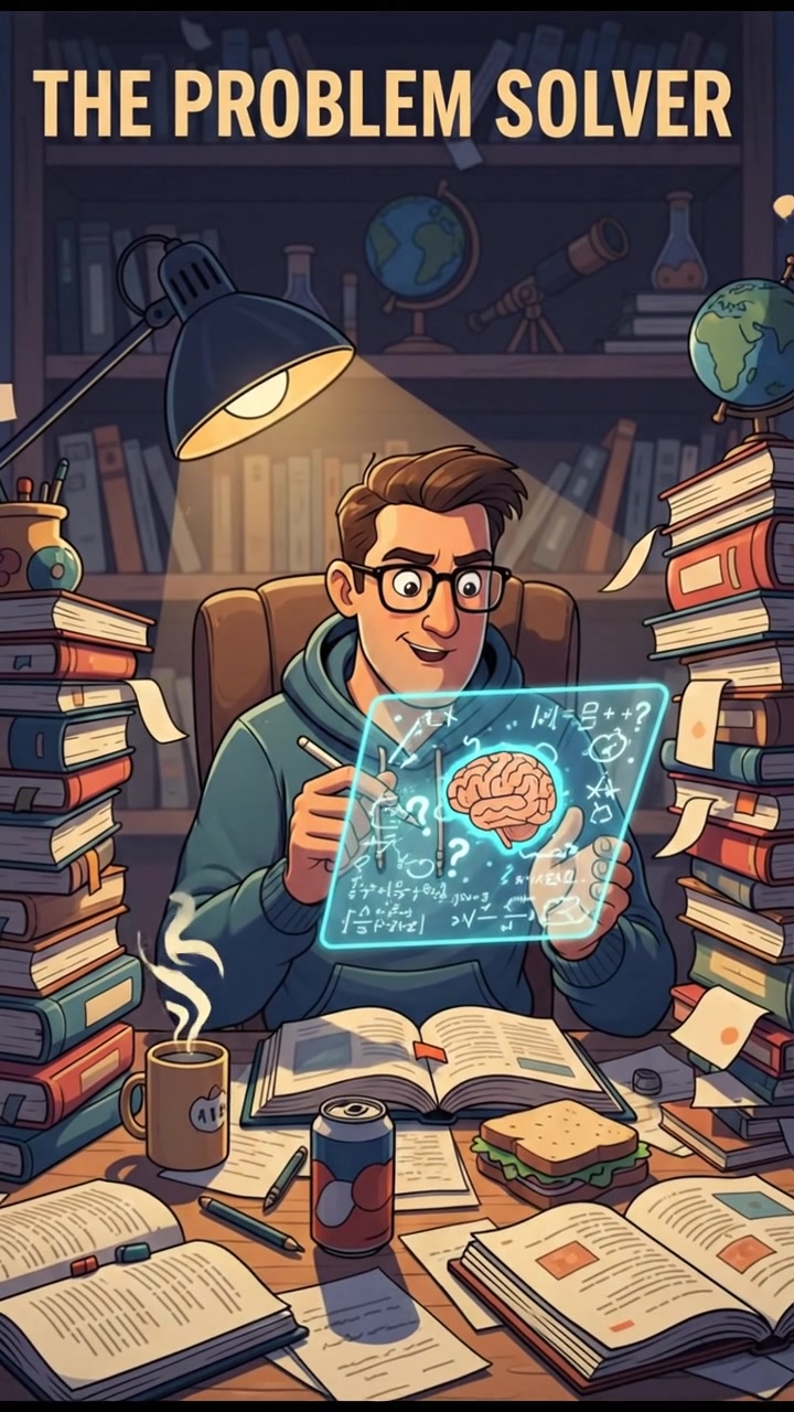 You sits at a study desk, surrounded by books and study materials, focused on solving a problem.