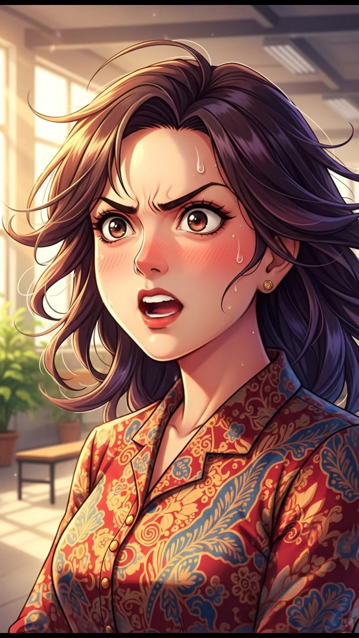 A close-up of Bu Sinta as she asks a question, an intense expression on her face.