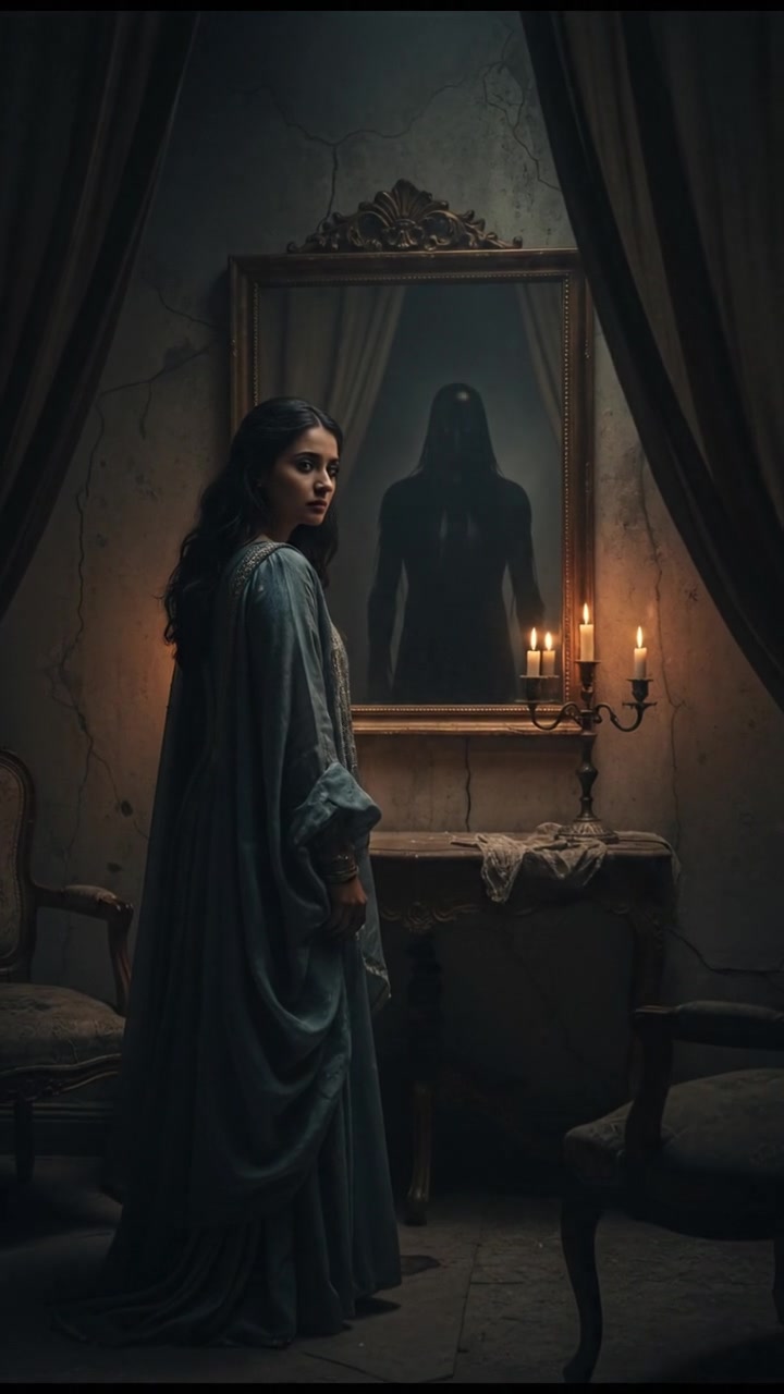 Neha stands in a dimly lit room, staring at a mirror with a shadowy figure behind her.
