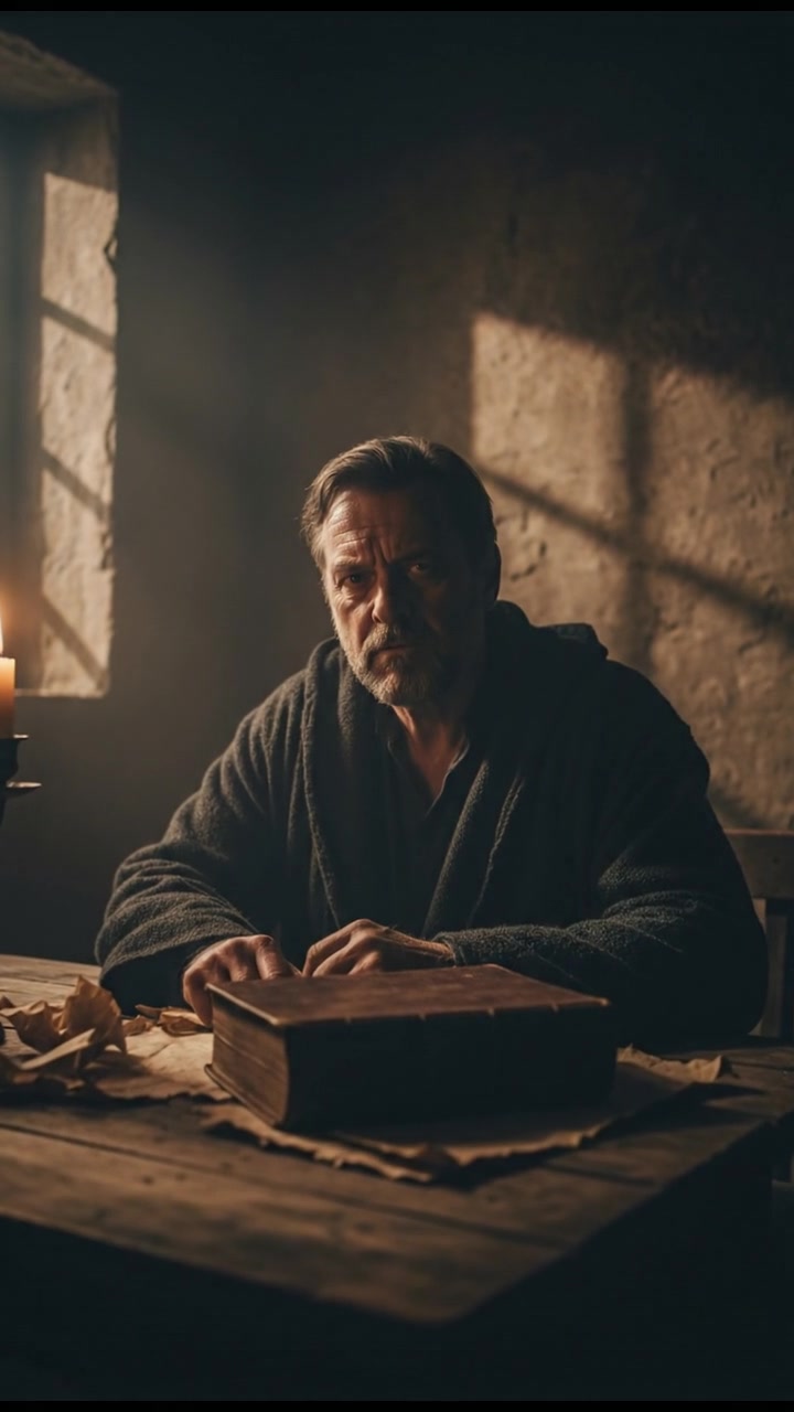 The Narrator sitting in a dimly lit room, speaking with a serious expression.