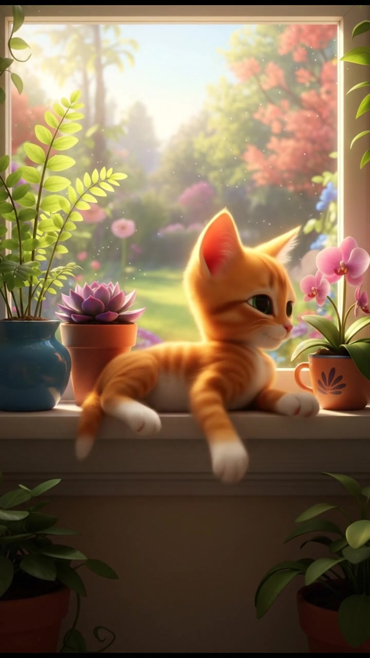 Marmalade the cat lounging on a sunlit windowsill surrounded by potted plants.