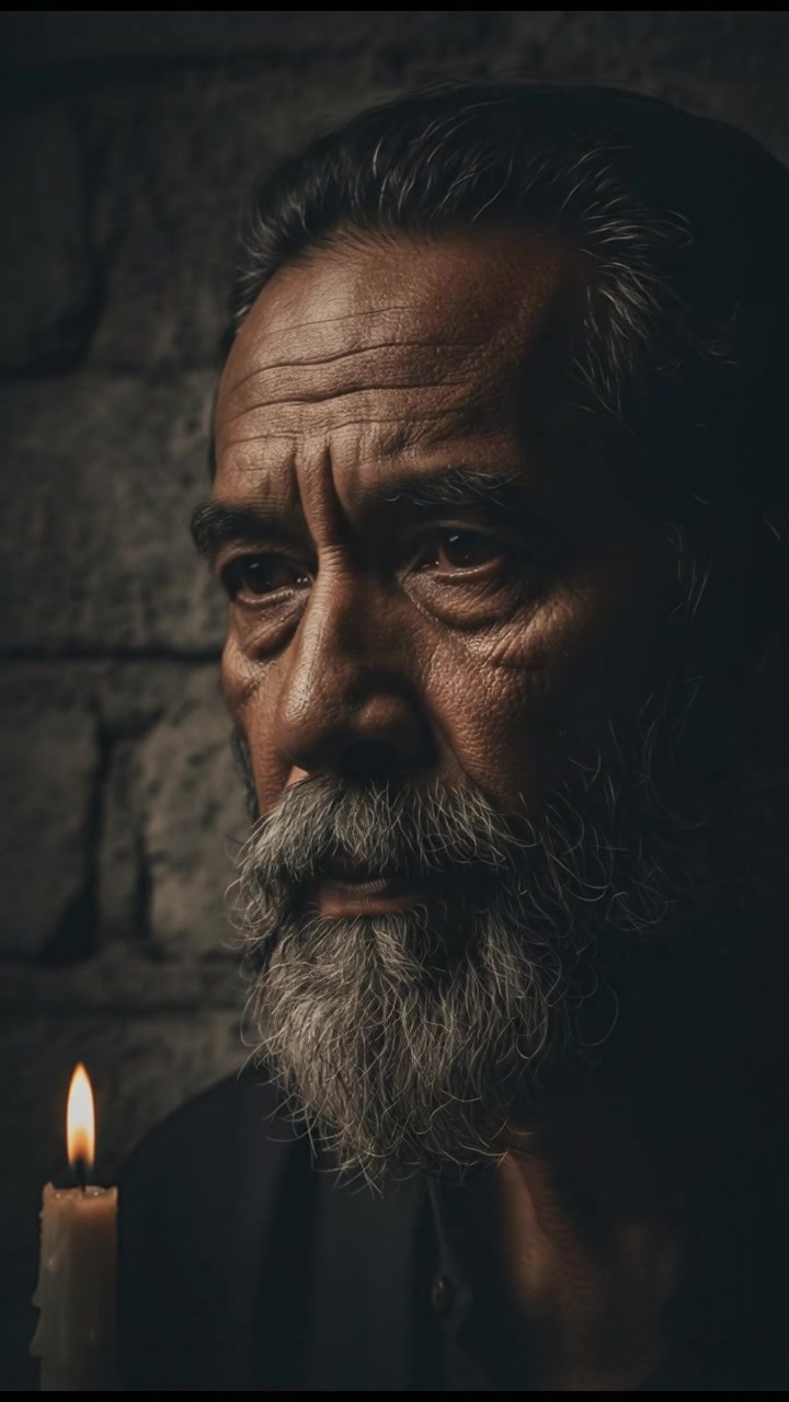 A close-up of Mbah Ireng's face, showing his dark gray beard and furrowed features, as if listening attentively.